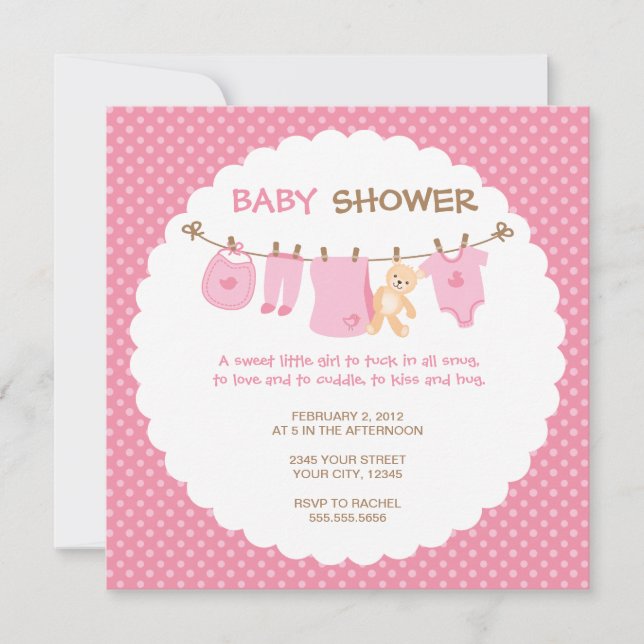 Einladungen für Pink Baby Clothes Line Dusche (Vorderseite)