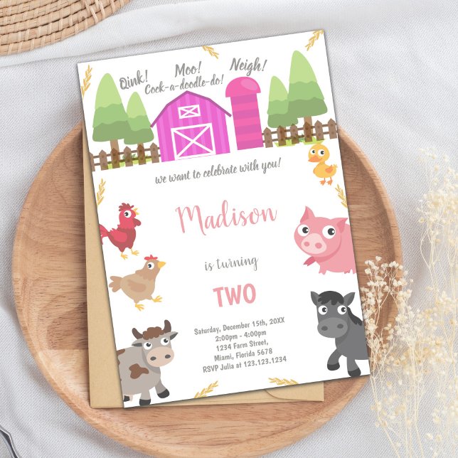 Einladungen für rosa Landtiere (Pink Farm Animals Invitations)