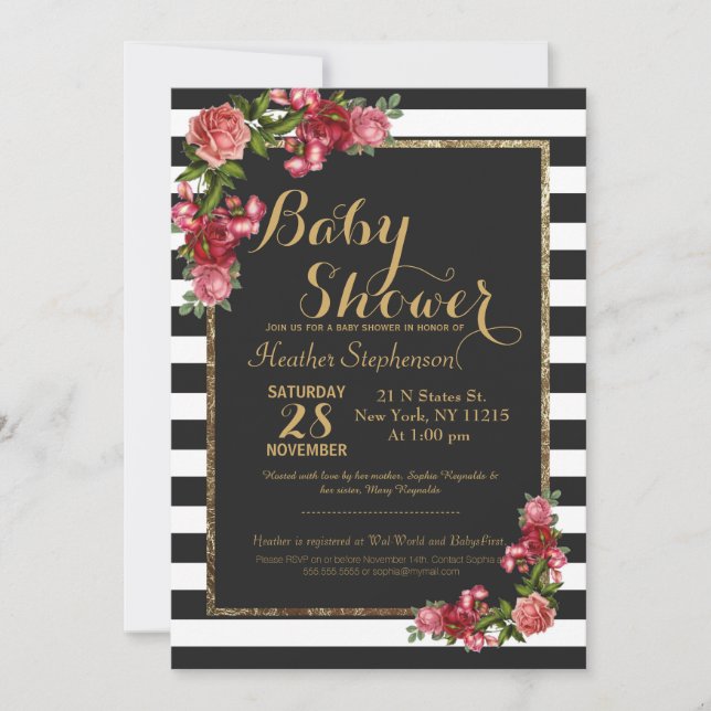 Einladungen für Rose Streifen und Gold-Baby-Dusche (Vorderseite)