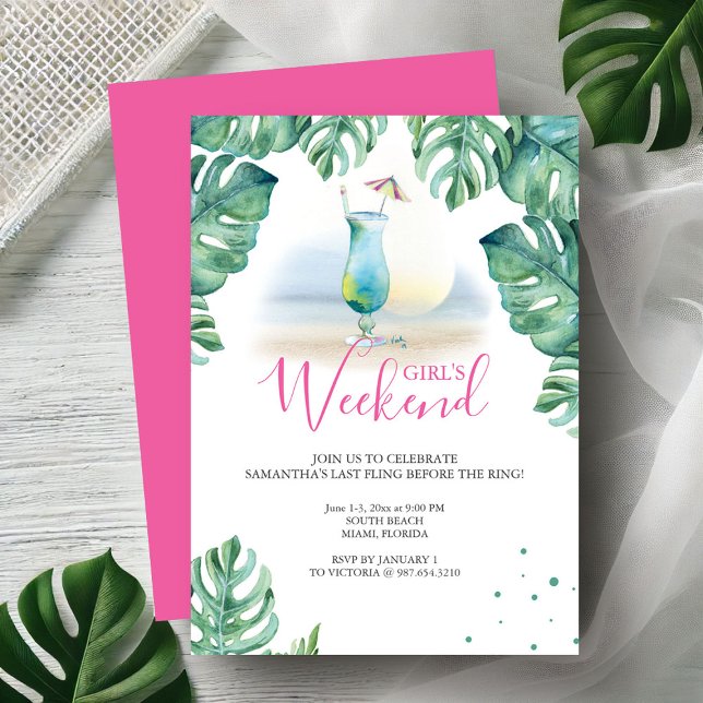 Einladungen für tropischen Junggeselinnen-Abschied (Bachelorette party invitations tropical watercolor cocktail & palm leaf art Victoria Grigaliunas)
