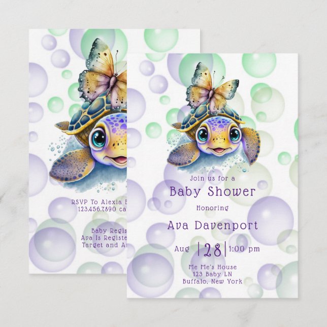 Einladungen für Turtle and Butterfly Baby Shower (Vorne/Hinten)