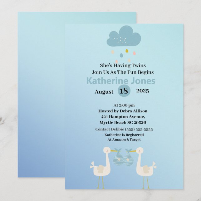 Einladungen für Twin Boys Stork Baby Shower (Vorne/Hinten)