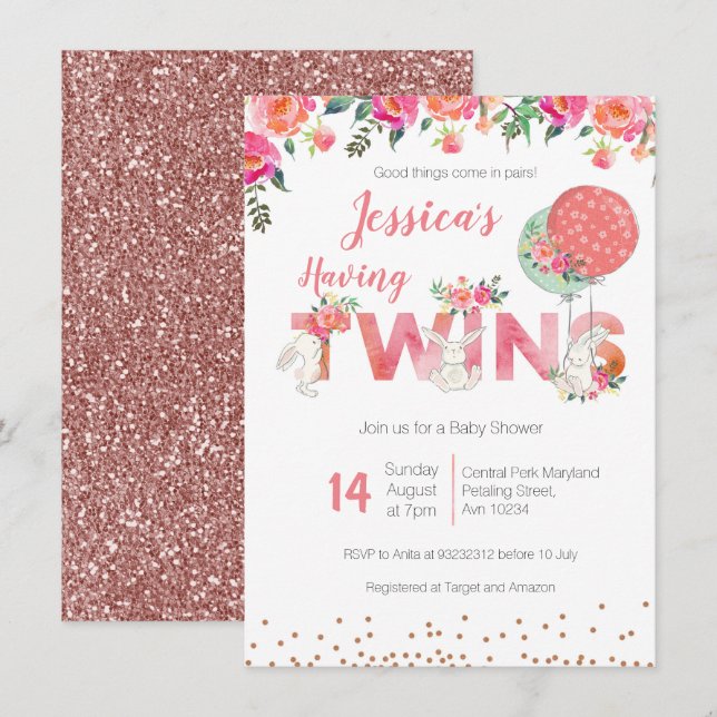 Einladungen für Twin Girls Baby Shower (Vorne/Hinten)