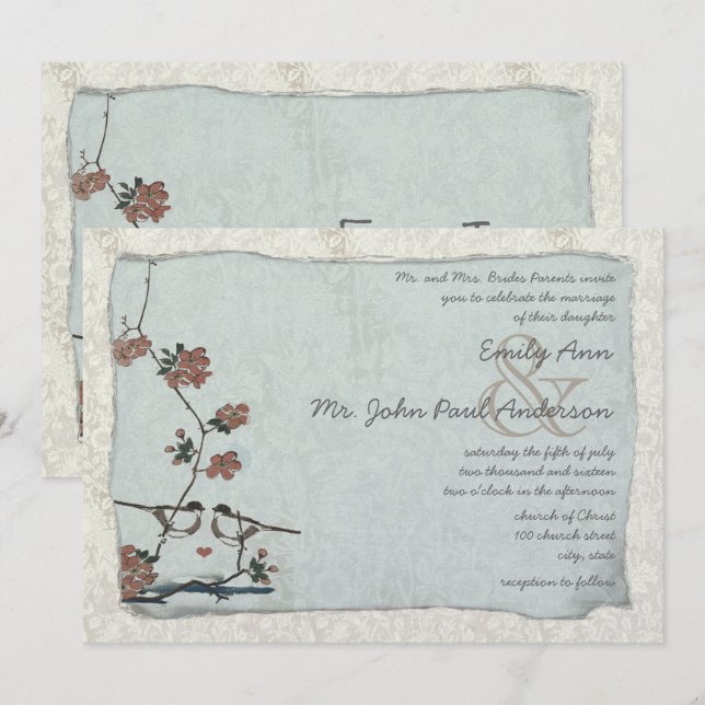 Einladungen für Vintage Vögel Damask Hochzeit (Vorne/Hinten)