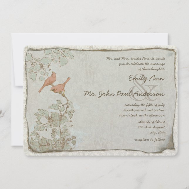 Einladungen für Vintage Vögel Damask Hochzeit (Vorderseite)