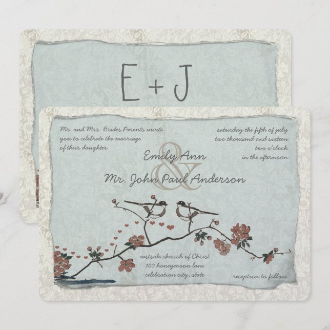 Einladungen für Vintage Vögel Damask Hochzeit (Vorne/Hinten)