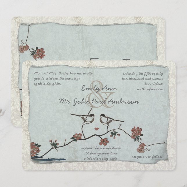 Einladungen für Vintage Vögel Damask Hochzeit (Vorne/Hinten)