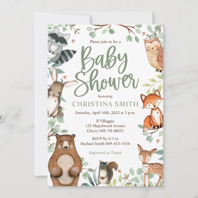Einladungen für Woodland Animals Baby Dusche (Vorderseite)