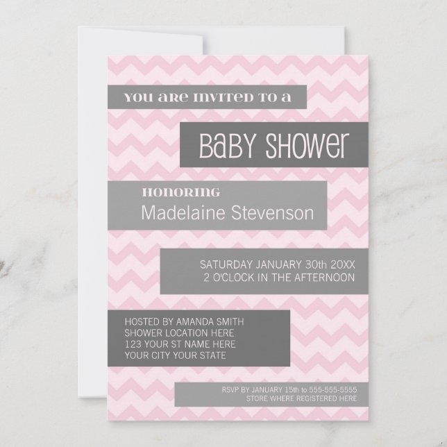 Einladungen für Zickzack Babydusche in Rosa (Rückseite)