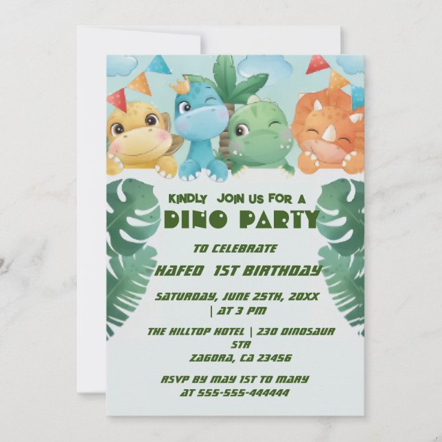 Einladungen Geburtstag 1. Personalisierter Dinosau (Vorderseite)