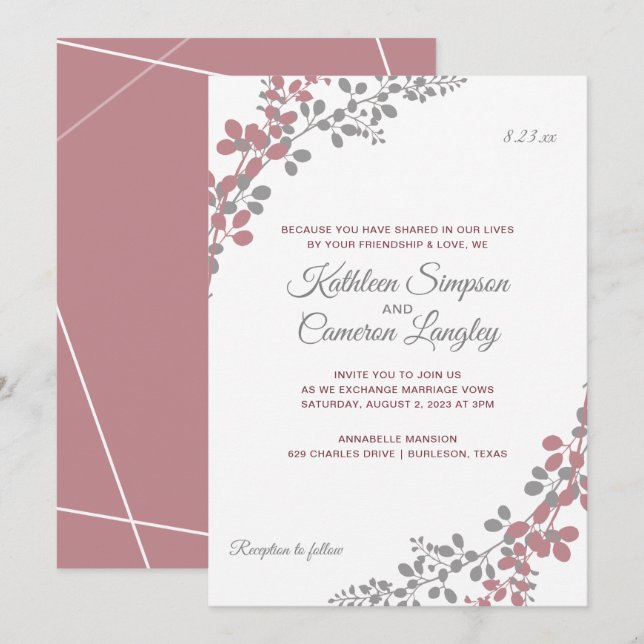 Einladungen Hochzeit Dusty Rose Gipskraut (Vorne/Hinten)