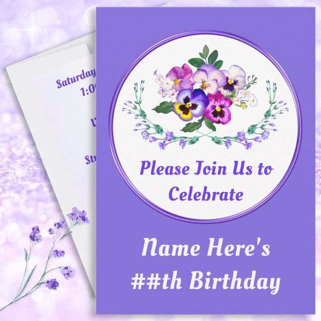 Einladungen, Hübsche Einladungen zum Geburtstag (Purple, Pansy Invitations. Personalized, Birthday Invitations with Photo. Custom, Pansies Birthday.)