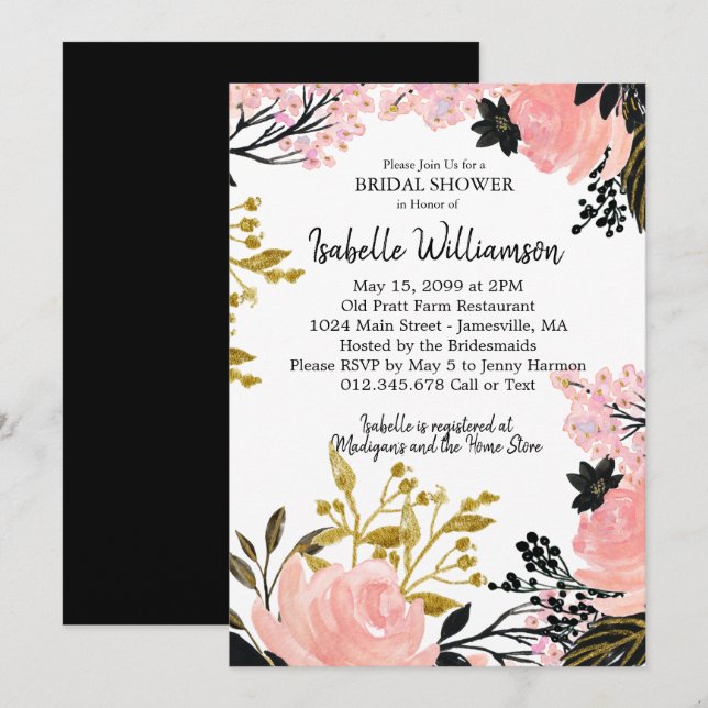 Einladungen in Rosa, Schwarz, Gold Bridal (Vorne/Hinten)