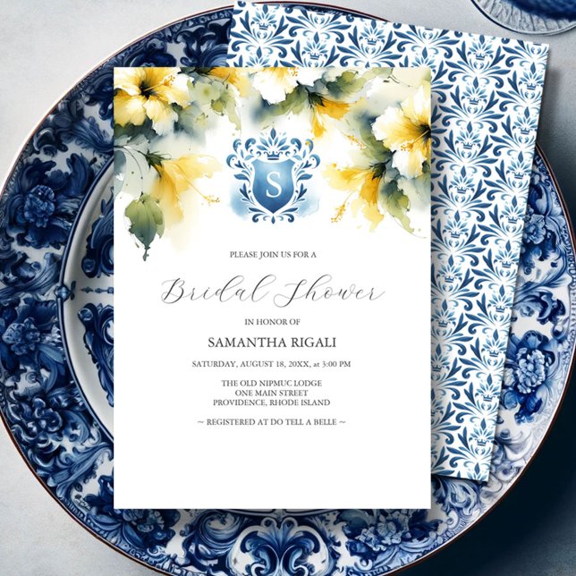 Einladungen mit Brautdusche Blau und Gelb (Blue and yellow bridal shower invitations watercolor flowers and monogrammed crest unique art.)