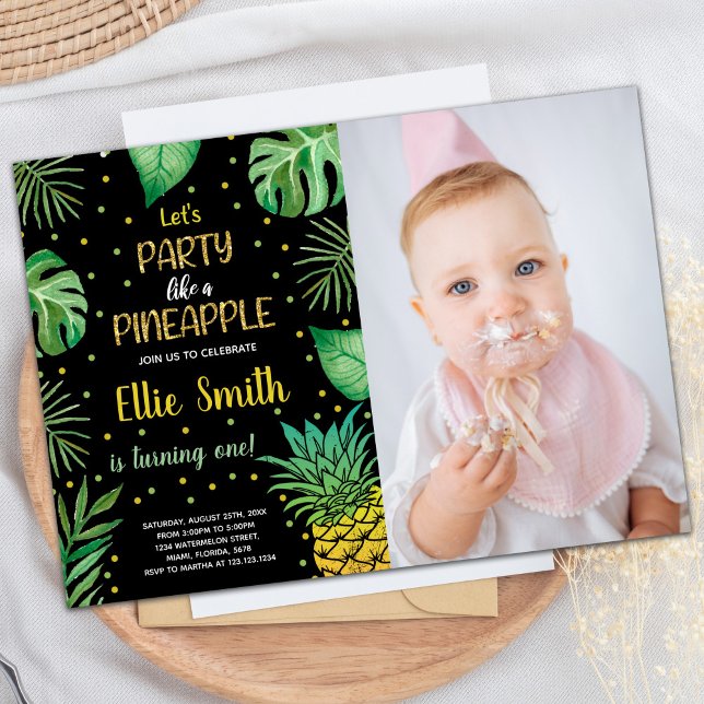 Einladungen mit Foto (1st Black Green Pineapple Invitations with photo)