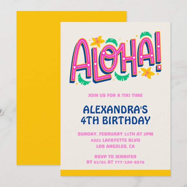 Einladungen Tropical Aloha Hawaii zum 4. Geburtsta (Vorne/Hinten)