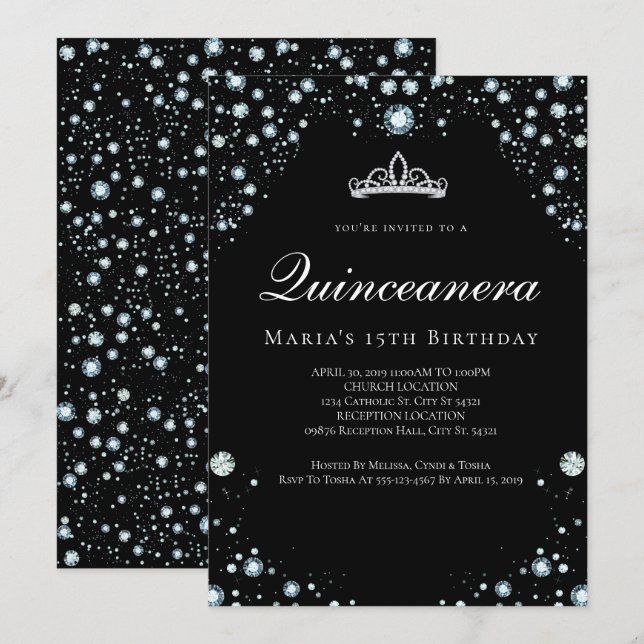 Einladungen von Black and Diamond Quinceanera (Vorne/Hinten)