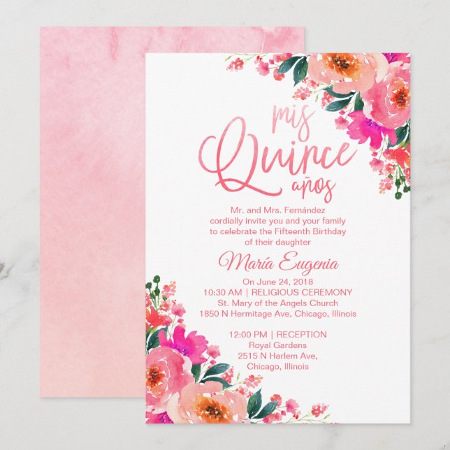 Einladungen von Quinceanera Hot Pink Floral (Vorne/Hinten)