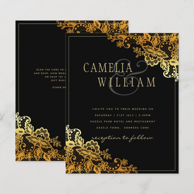 Einladungen zu Black Gold Lace Hochzeiten (Vorne/Hinten)