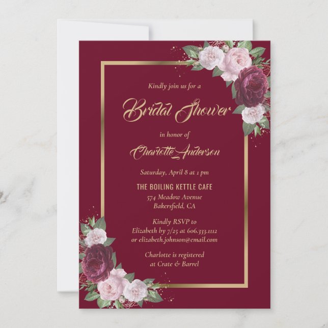 Einladungen zu Burgund Blush Pink Gold Bridal Dusc (Vorderseite)