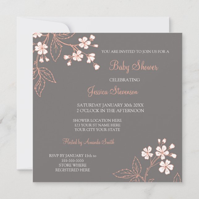 Einladungen zu Coral Gray Floral Custom Baby Showe (Rückseite)