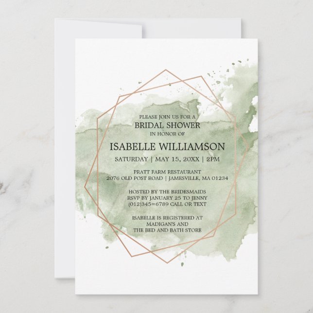 Einladungen zu Green Watercolor & Gold Bridal (Vorderseite)