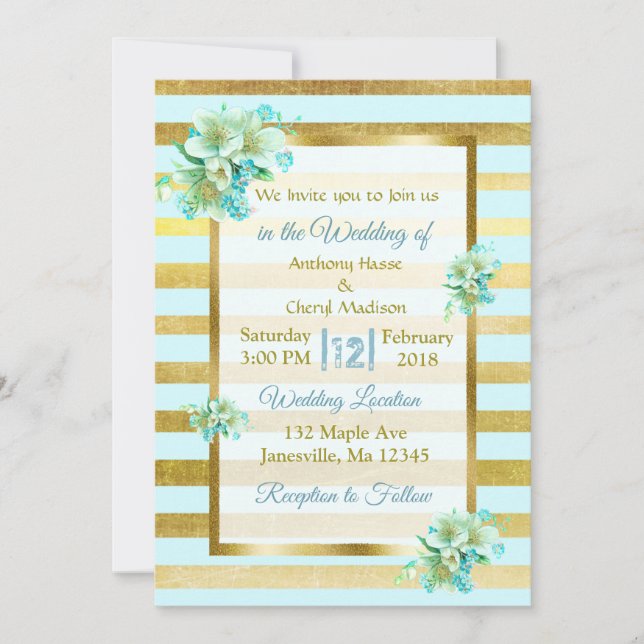 Einladungen zu Hochzeiten in Blau und Gold (Vorderseite)