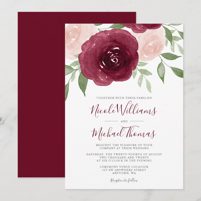 Einladungen zu Hochzeiten in Burgund Wasserfarben (Vorne/Hinten)