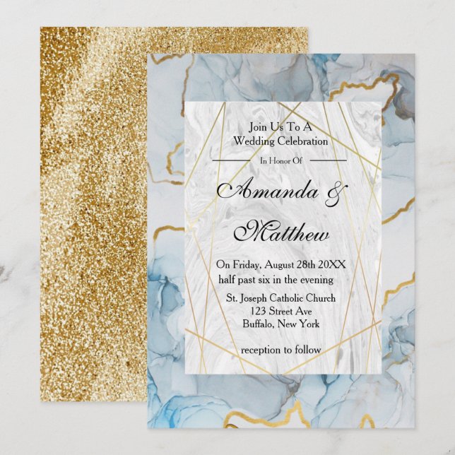 Einladungen zu Hochzeiten in Dusty Blue und Gold M (Vorne/Hinten)