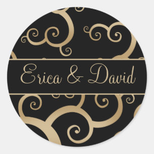 Einladungen zu Hochzeiten in Gold Black Damask Runder Aufkleber