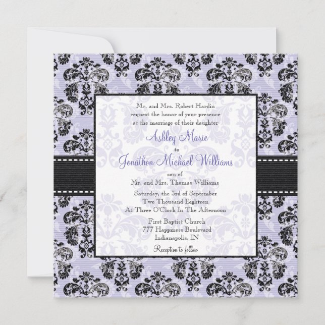 Einladungen zu Hochzeiten in Lila und Black Damask (Vorderseite)