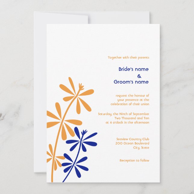 Einladungen zu Hochzeiten in Orange und Blauer Flo (Vorderseite)