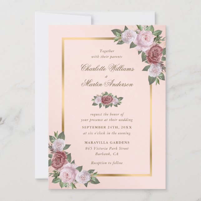 Einladungen zu Hochzeiten in Rosa und Gold (Vorderseite)