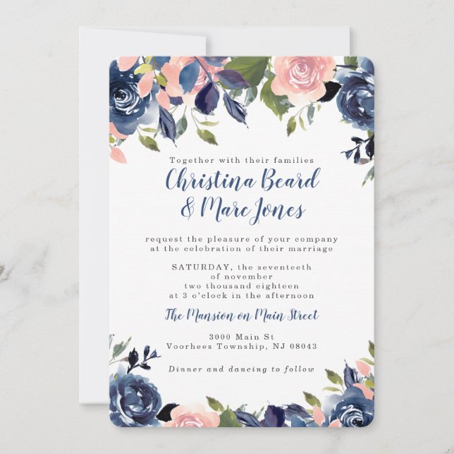Einladungen zu Hochzeiten in Rosa und Navy (Vorderseite)