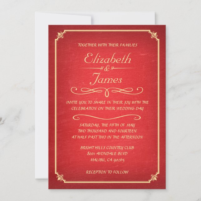 Einladungen zu Hochzeiten in Rot und Gold Chalkboa (Vorderseite)