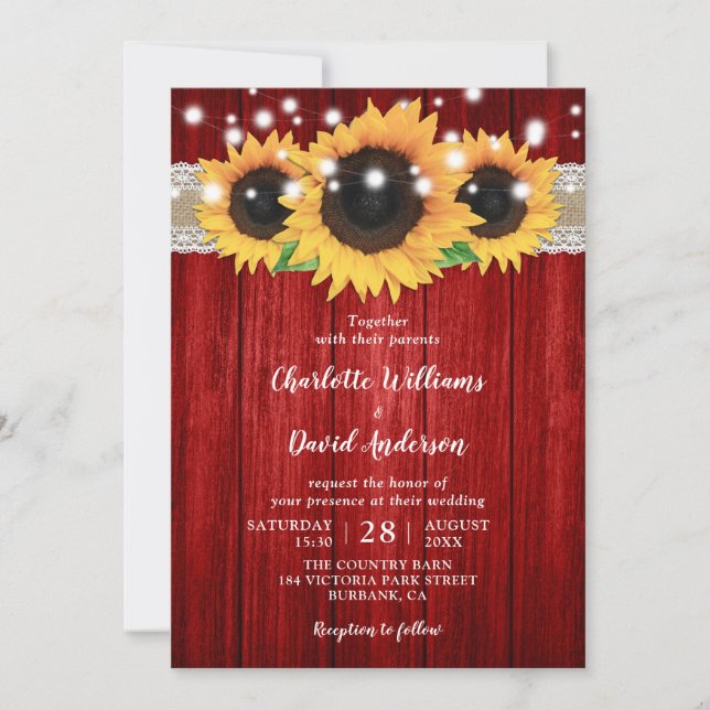 Einladungen zu Hochzeiten in Rot und Sonnenblumen (Vorderseite)
