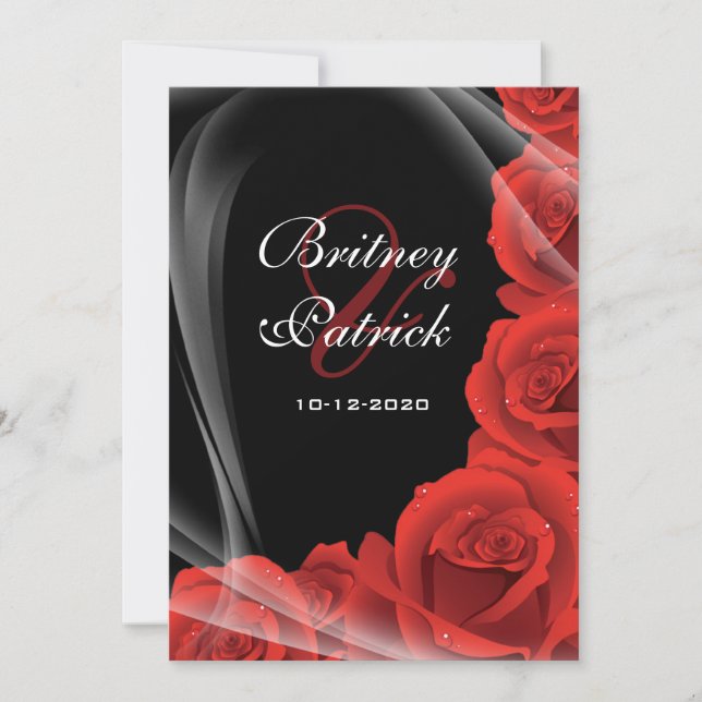 Einladungen zu Hochzeiten in Schwarz und Rote Rose (Vorderseite)