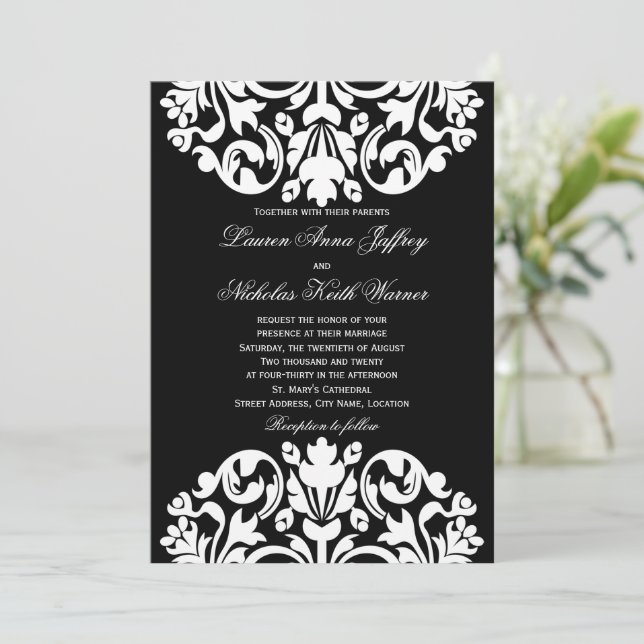 Einladungen zu Hochzeiten in Schwarz und Weiß (Stehend Vorderseite)