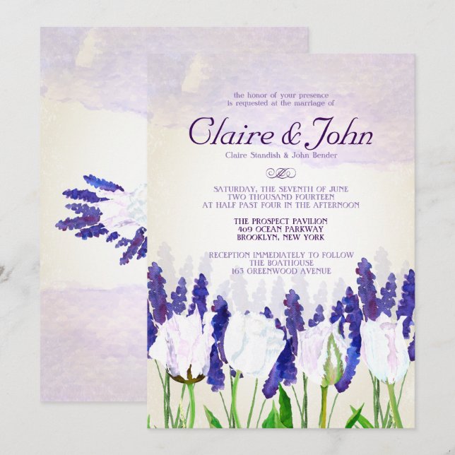 Einladungen zu Hochzeiten in Tulips und Lavendel (Vorne/Hinten)