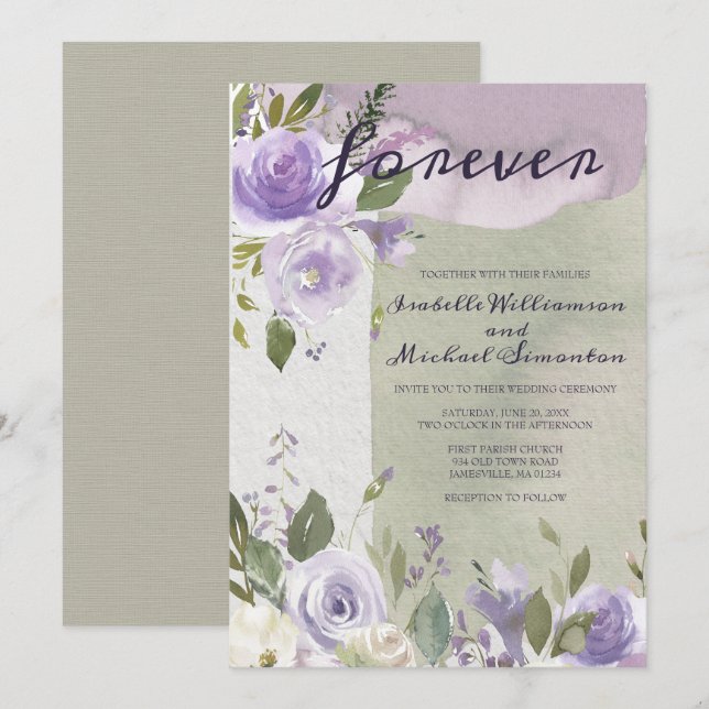 Einladungen zu Hochzeiten mit lila und weißen Blum (Vorne/Hinten)