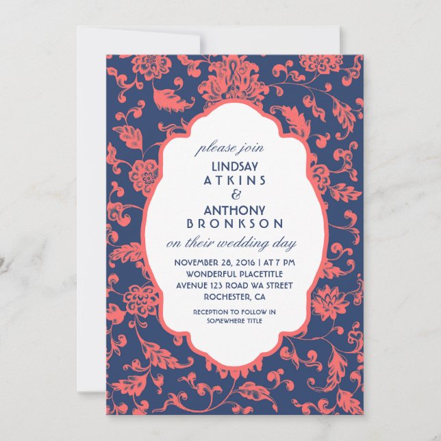 Einladungen zu Hochzeiten von Navy Blue und Korall (Vorderseite)