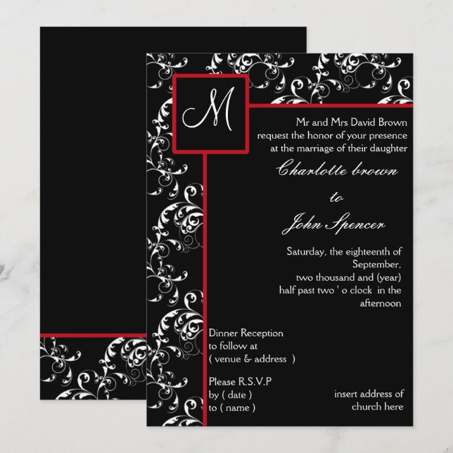 Einladungen zu Hochzeiten von Red Black Damask (Vorne/Hinten)