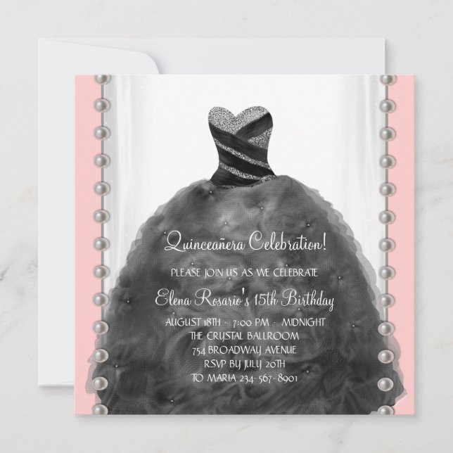 Einladungen zu Korallenrosa und Schwarzquinceanera (Vorderseite)