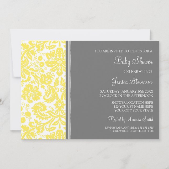 Einladungen zu Lemon Gray Damask Custom Baby Showe (Rückseite)