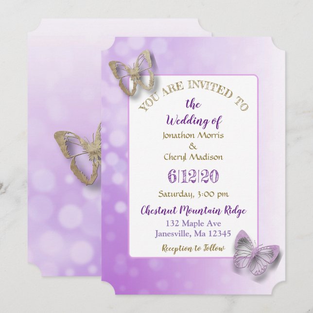Einladungen zu lila Butterfly-Hochzeiten (Vorne/Hinten)