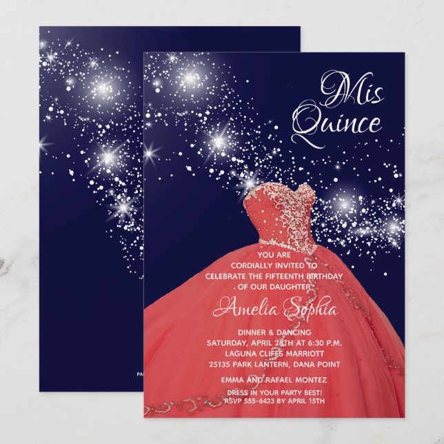 Einladungen zu Rot Gown Quinceñera (Vorne/Hinten)