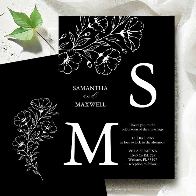 Einladungen zu Schwarzen Hochzeiten (Flat lay of black and white wedding invitations with line art by Victoria of Do Tell A Belle)