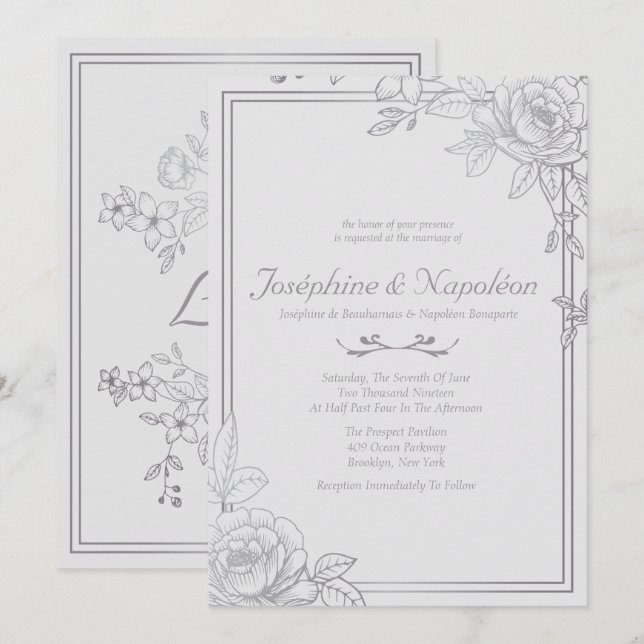 Einladungen zu Silberhochzeiten, Graublütenblumen (Vorne/Hinten)