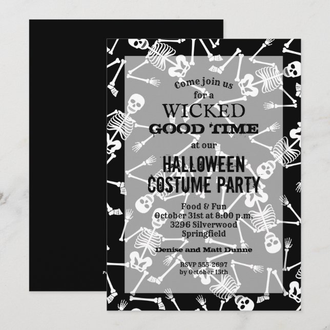 Einladungen zu Skelettons Black Halloween-Party (Vorne/Hinten)