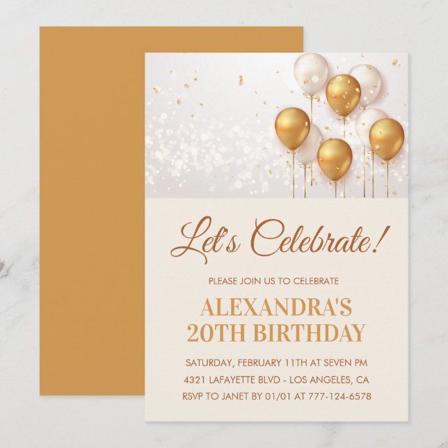Einladungen zum 20. Geburtstag Gold Balloons (Vorne/Hinten)